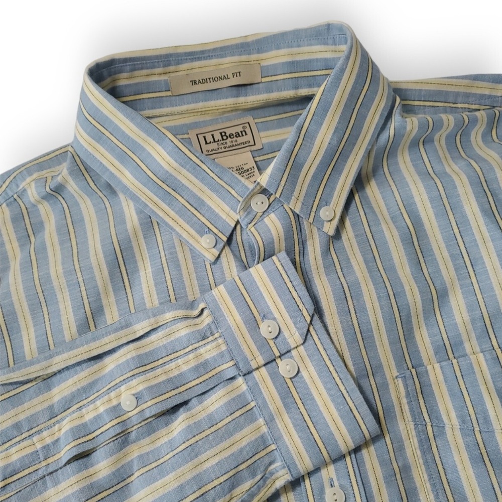 L.L. Bean Men's Large Traditional Fit 100% Cotton Long Sleeve Blue, Yellow Shirt